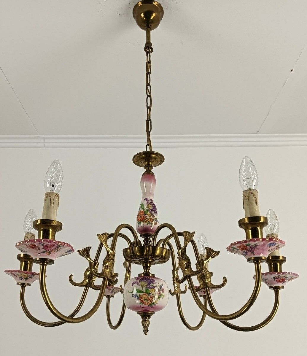 Chandelier Italy Pink Flowers Fish 6 Lights Vintage Beautiful Brass Farmhouse St photo vinterior