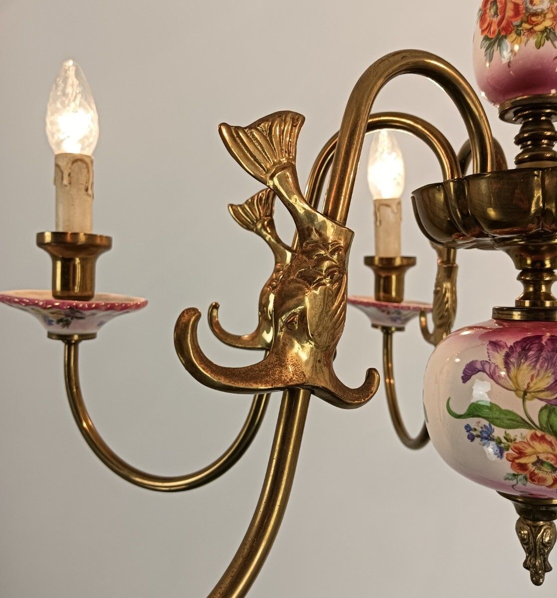 photo furniture Chandelier Italy Pink Flowers Fish 6 Lights Vintage Beautiful Brass Farmhouse St