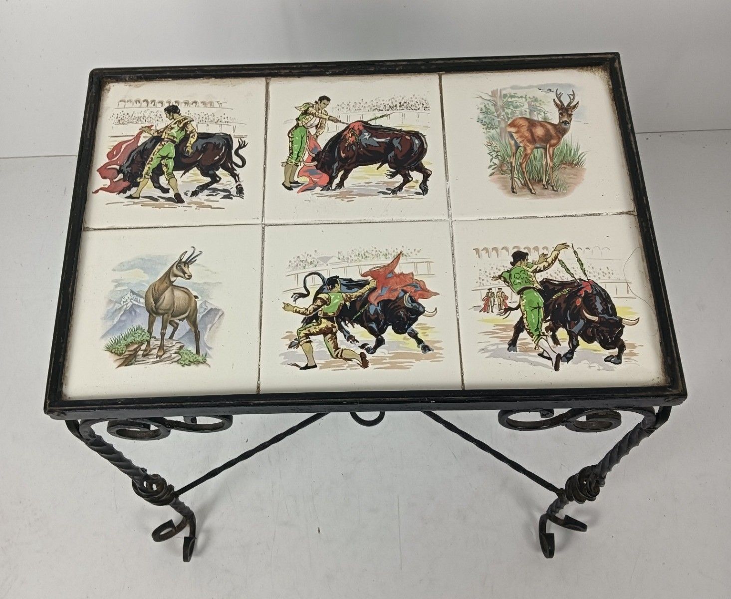 Vintage Side Table Plant Stand Mosaic Tiles Wrought Iron Bull Fighting Retro photo for sale