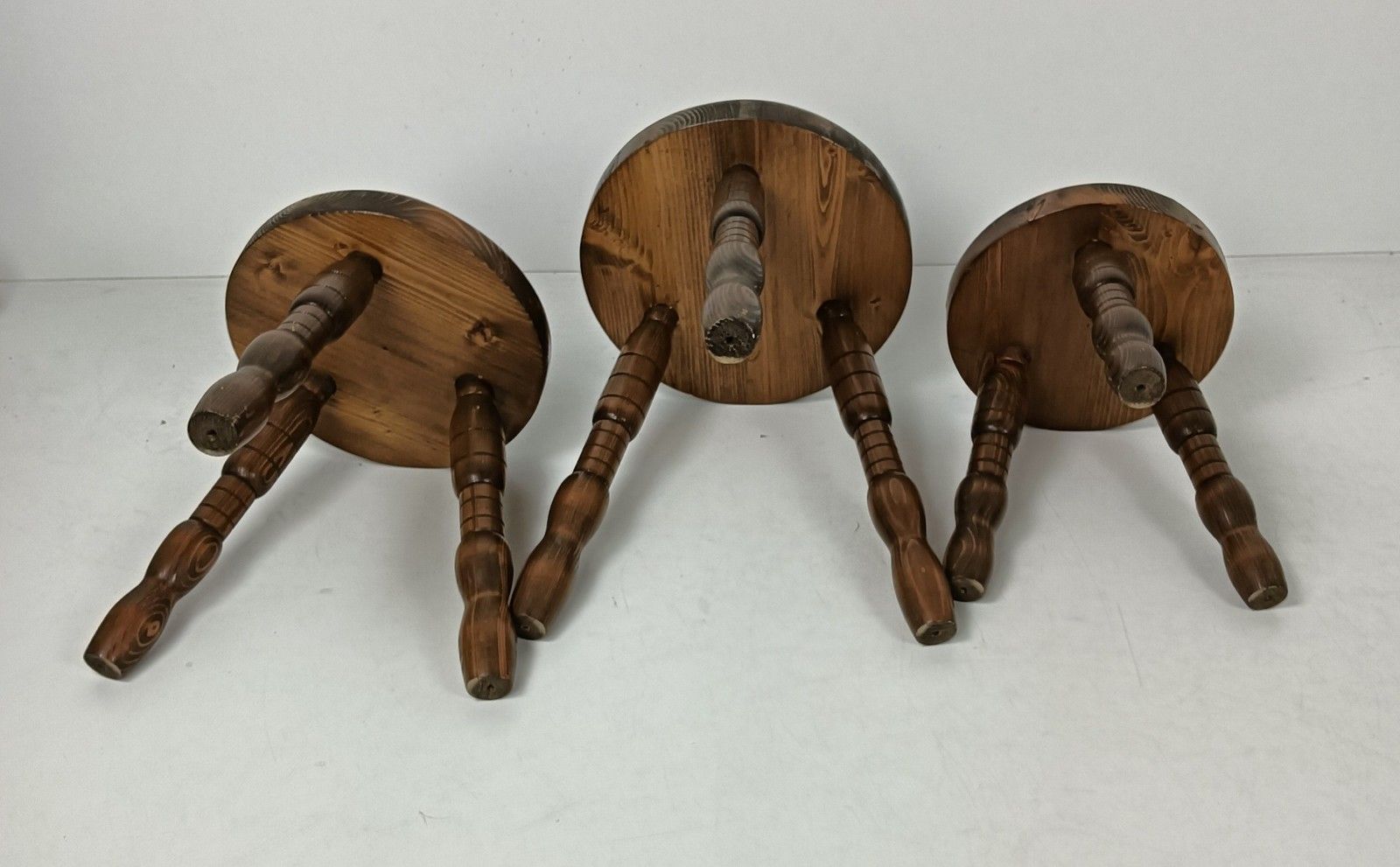 Set Of 3 Milking Stools Pedestals Carved Wood Matching Set Side Tables Vintage B photo 223.0