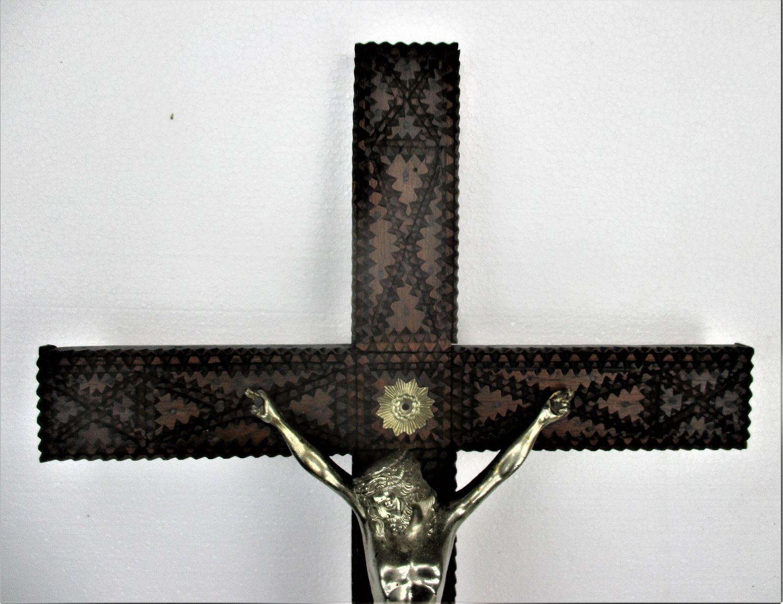 Large Tramp Trench Tramp Folk Art Hanging Hand Carved Wooden Crucifix Spelter photo for sale