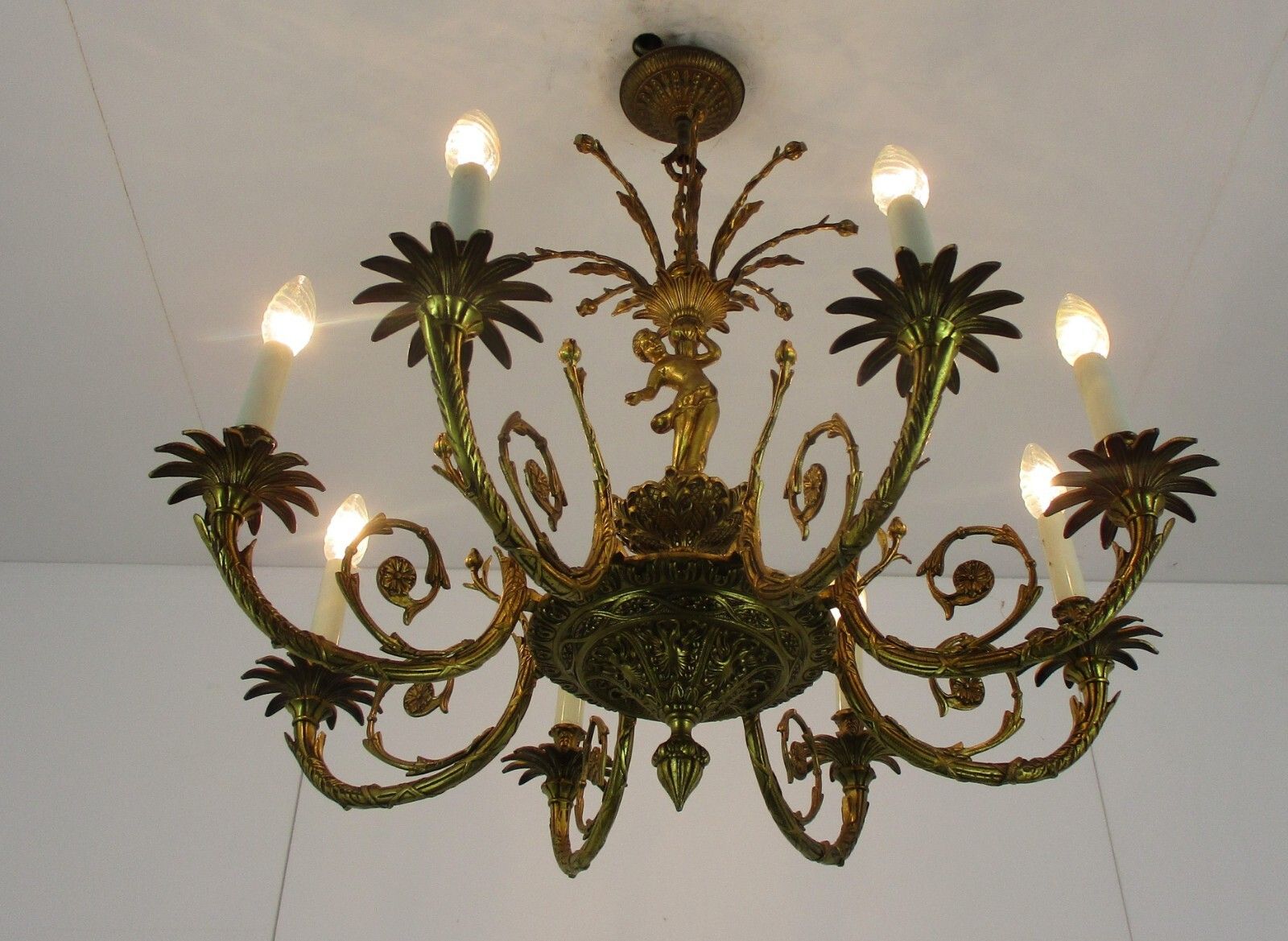 French Gilded Bronze Chandelier Impressive Art Nouveau Putti 6 Lights H Regency photo furniture