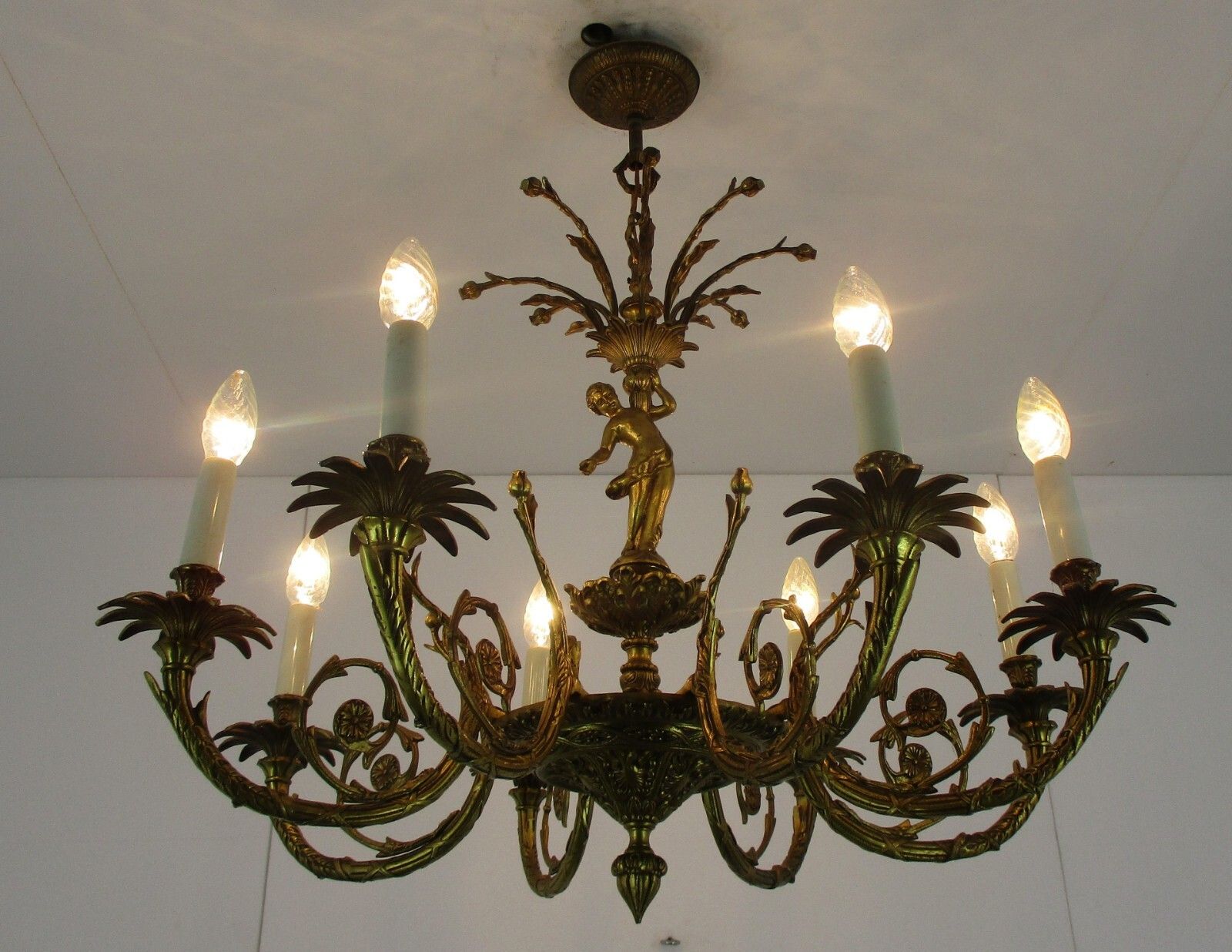 French Gilded Bronze Chandelier Impressive Art Nouveau Putti 6 Lights H Regency photo for sale