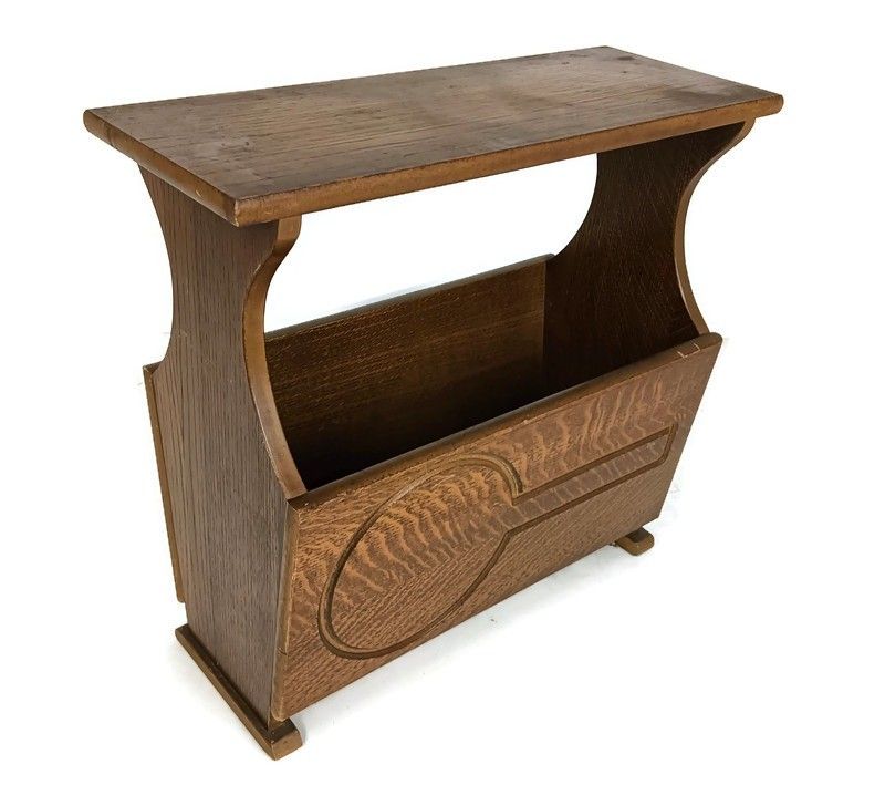 Vintage Wooden Newspaper Magazine Basket Rack Side Table Barn Style