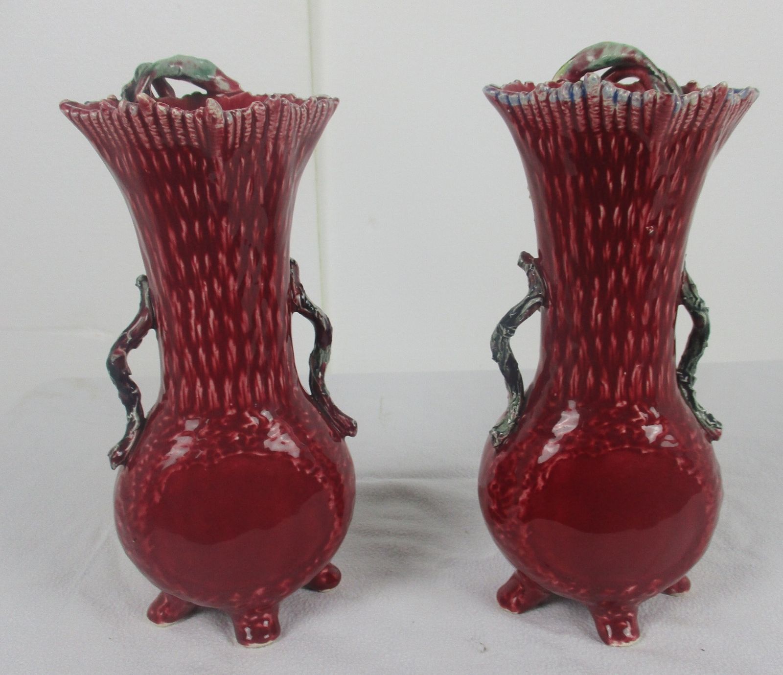 Set Of 2 Pair French Barbotine Majolica Vases Planters Centerpiece Gorgeous Flow photo 121.0