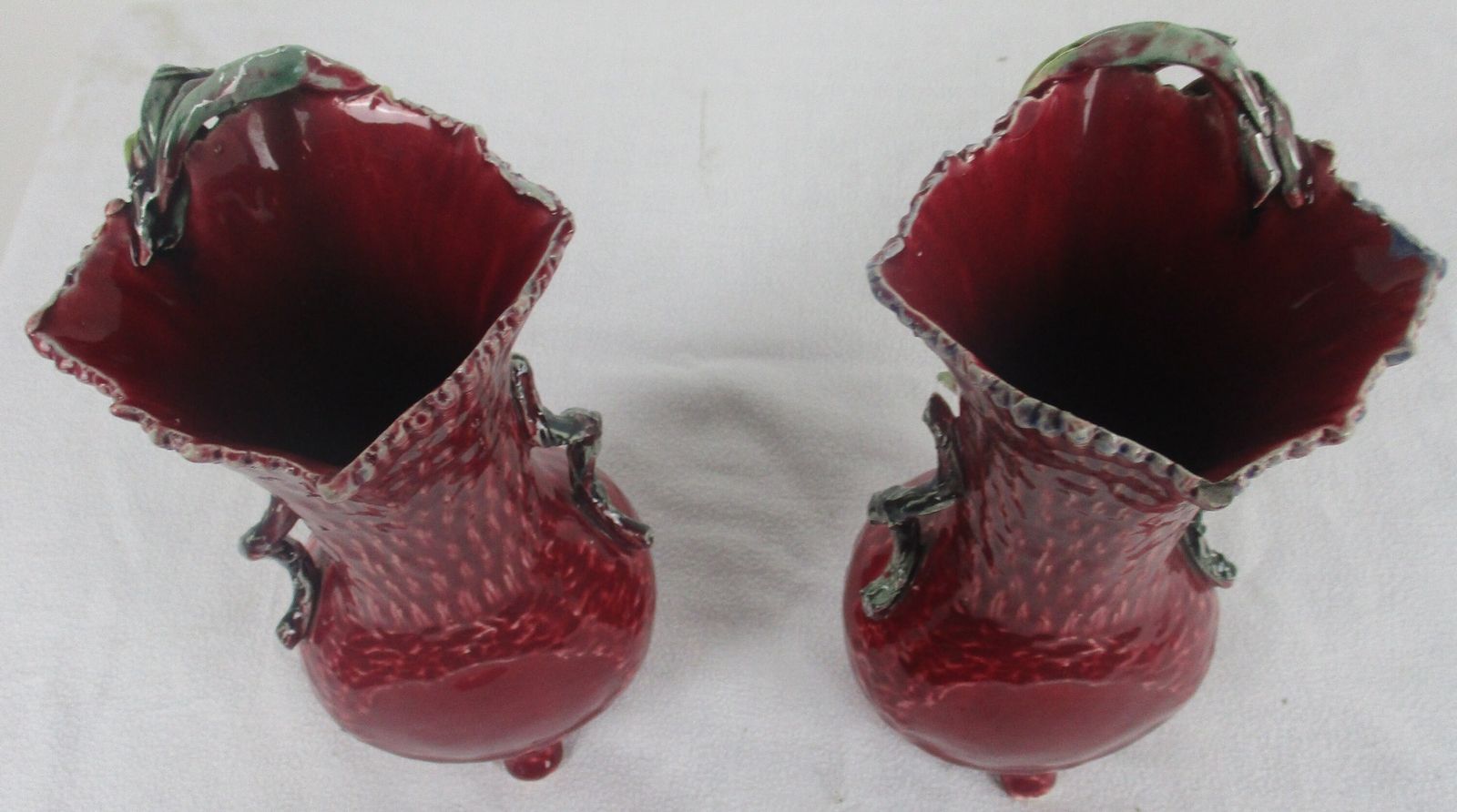 Set Of 2 Pair French Barbotine Majolica Vases Planters Centerpiece Gorgeous Flow photo vinterior
