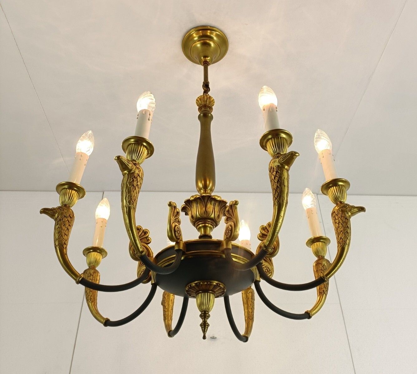 Bronze Doré Brass Antique Art Nouveau Empire Chandelier France 8 Lights Gorgeou photo for sale