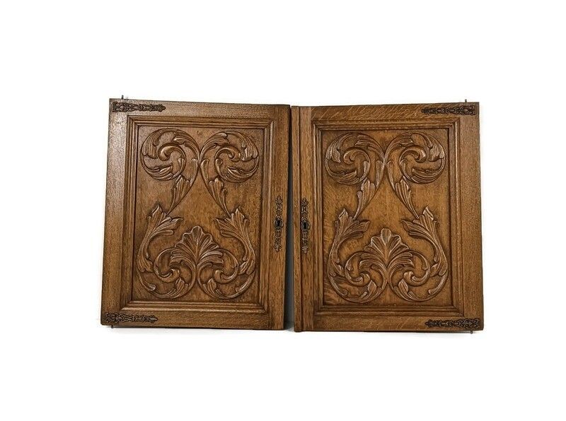Pair Wooden Door Panels Antique Carved Wood Reclaimed Architectural Salvaged Bra