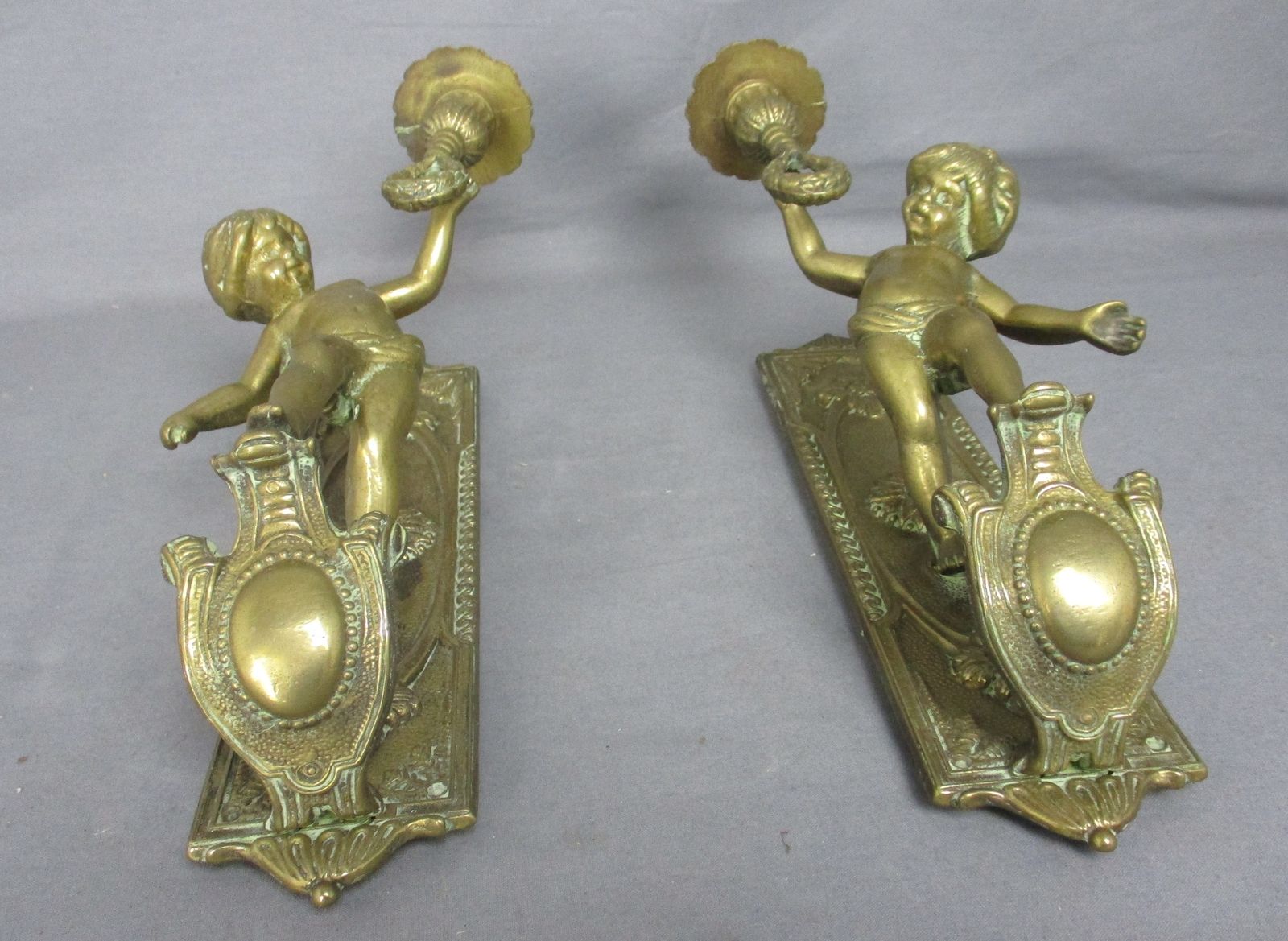 Pair Gorgeous Wall Mounted Sconces Candle Holders Putti Cherub Angels Brass Mark photo furniture