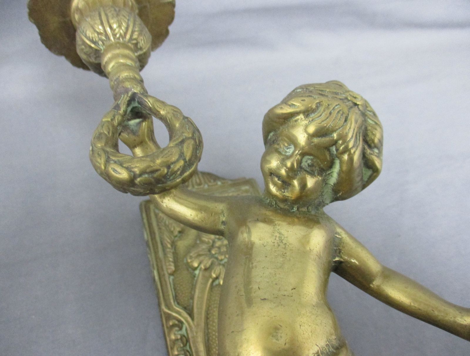 Pair Gorgeous Wall Mounted Sconces Candle Holders Putti Cherub Angels Brass Mark photo for sale