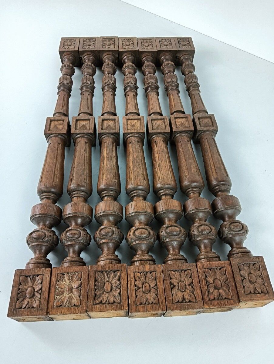 photo for sale Set Of 7 Corbels Poles Finials, Salvaged Architectural Carved Wood Antique Recla