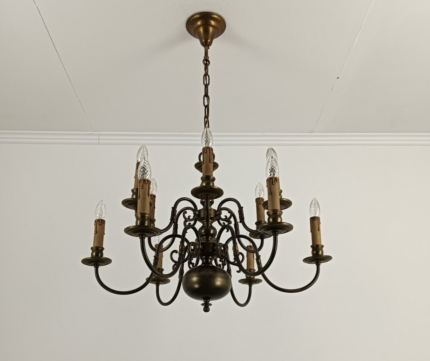Flemish Dutch  Chandelier 12 Arms Lights Brass Gorgeous Htf Vintage Two Tier Vin photo furniture