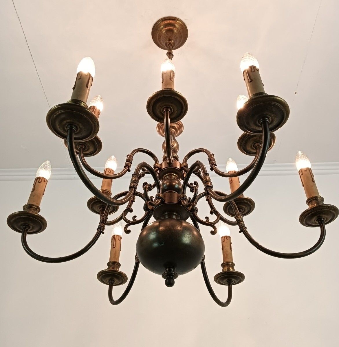 Flemish Dutch  Chandelier 12 Arms Lights Brass Gorgeous Htf Vintage Two Tier Vin photo Lighting