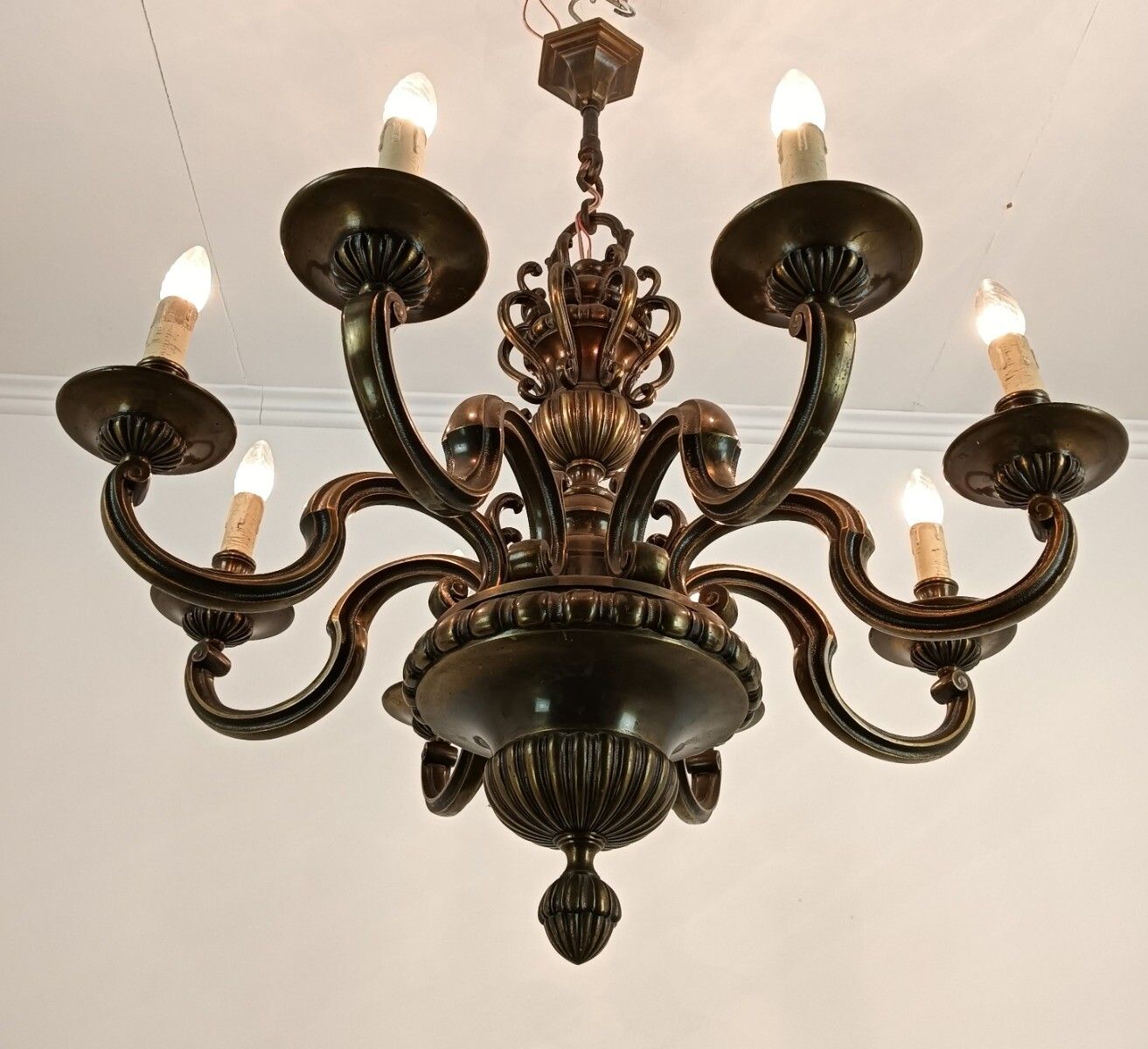 photo for sale Impressive Bronze Chandelier Flemish Dutch Style Heavy 8 Lights Extremely Rare
