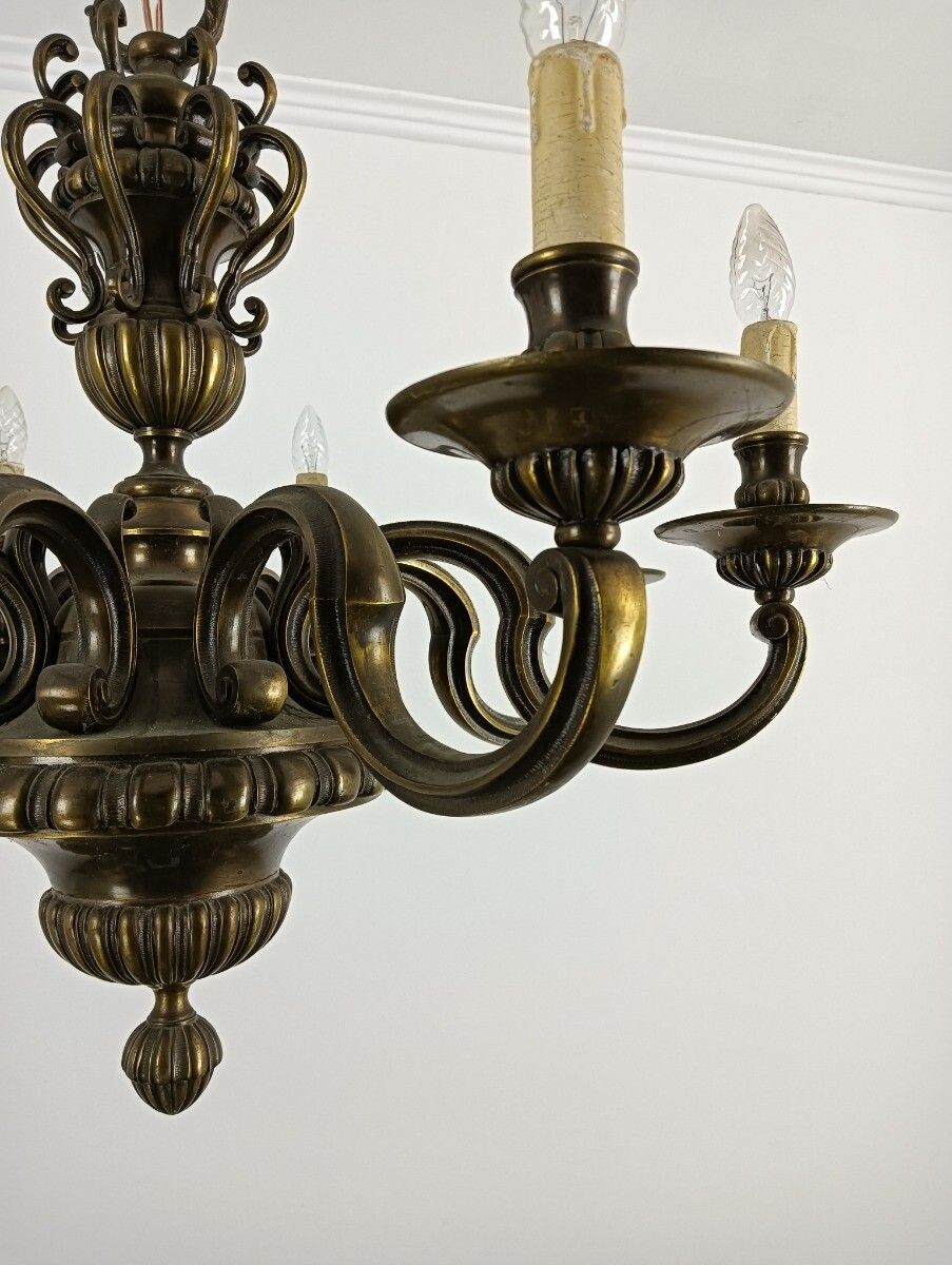 Lighting Impressive Bronze Chandelier Flemish Dutch Style Heavy 8 Lights Extremely Rare photo