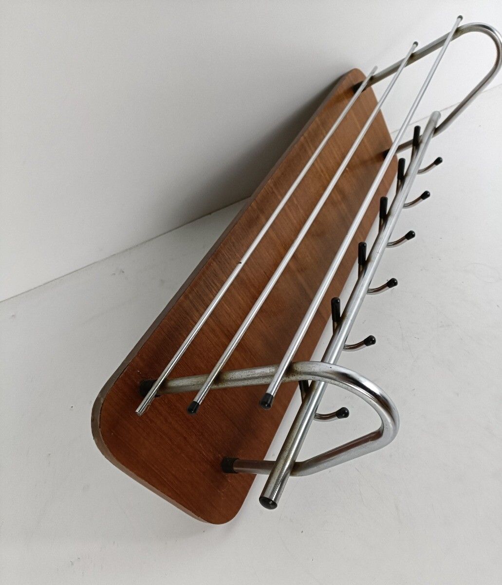 Vintage Mid Century Chrome Wood Coat Hat Rack Railroad Pop Art  Modernist Funky photo furniture