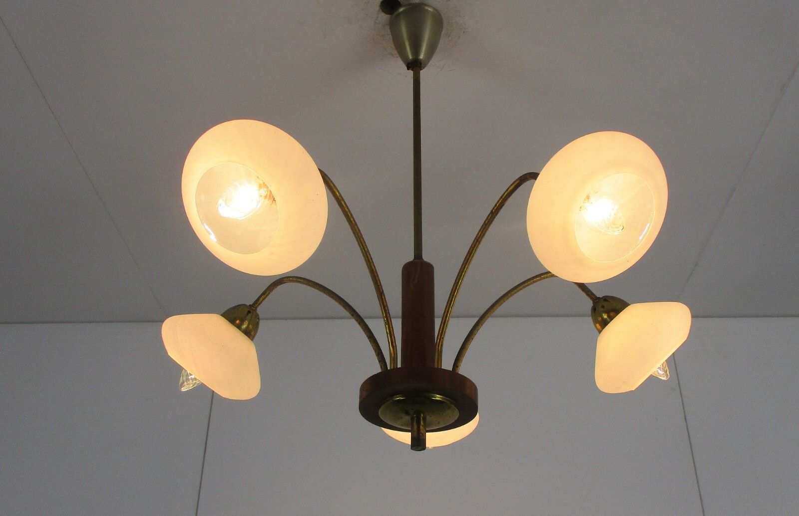 Mid Century Spider Chandelier 5 Lights Arms Wood Brass Glass Shades Pop Art