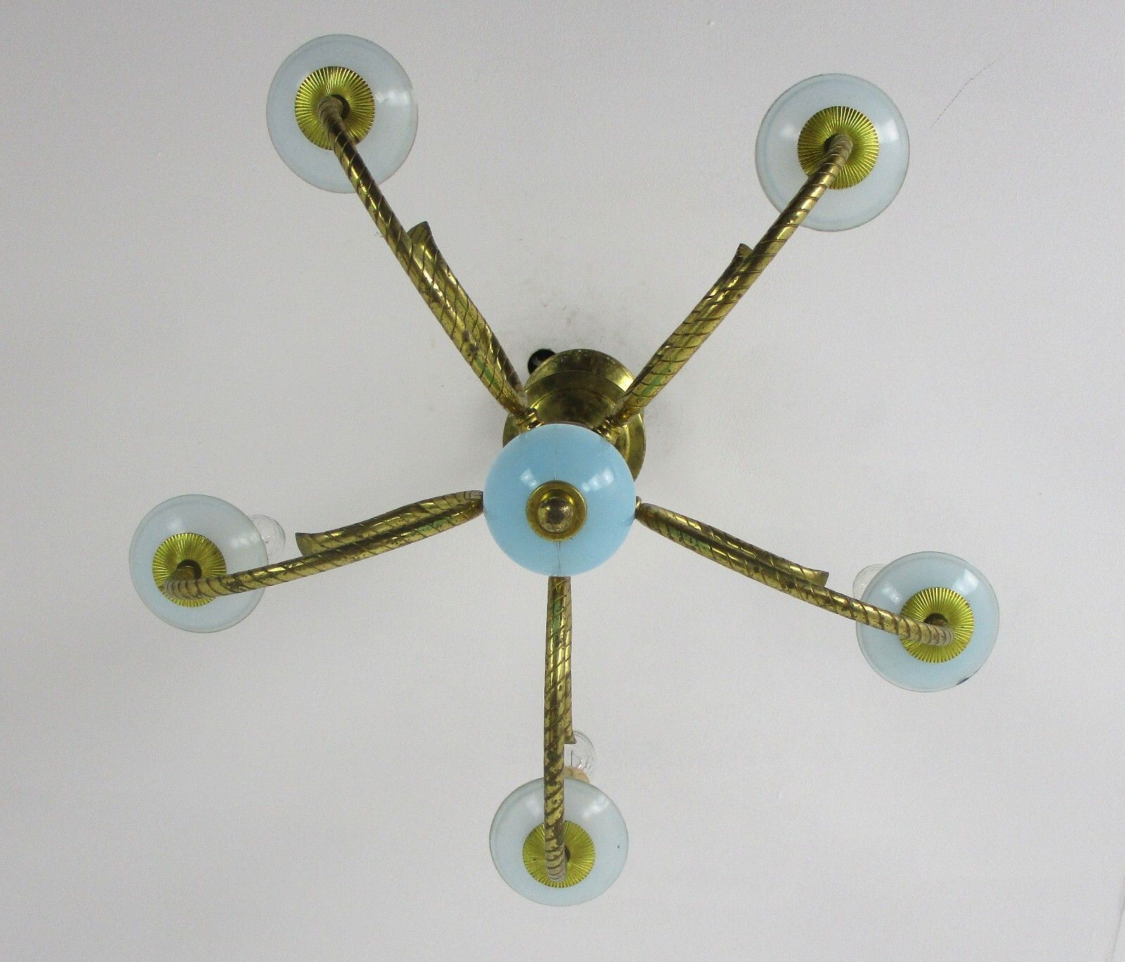 Opaline Baby Blue Brass Chandelier Hollywood Regency Romantic 4 Arm Lights photo vintage