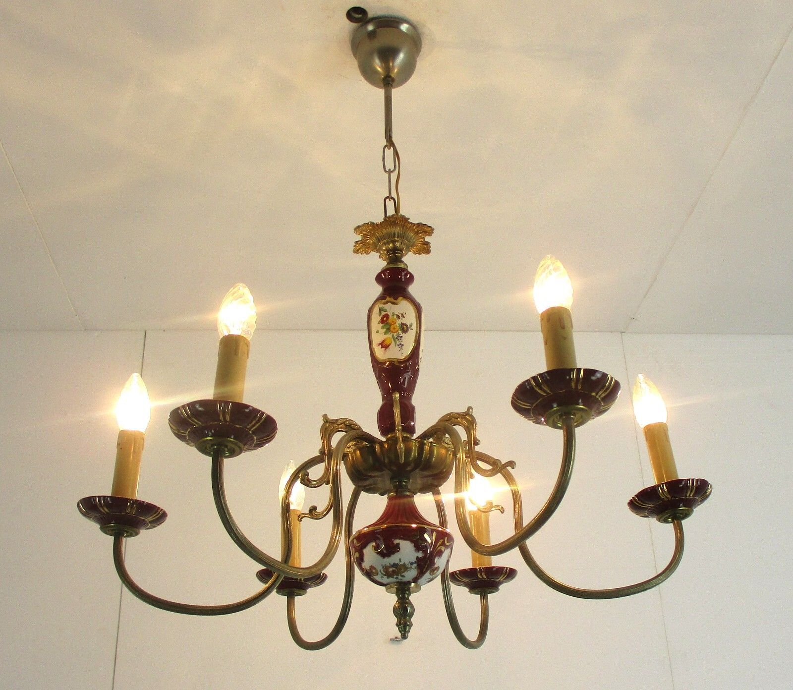 Chandelier 6 Arms Lights Ceramic Porcelain Ceramic Brass Italian Style Flowers photo furniture