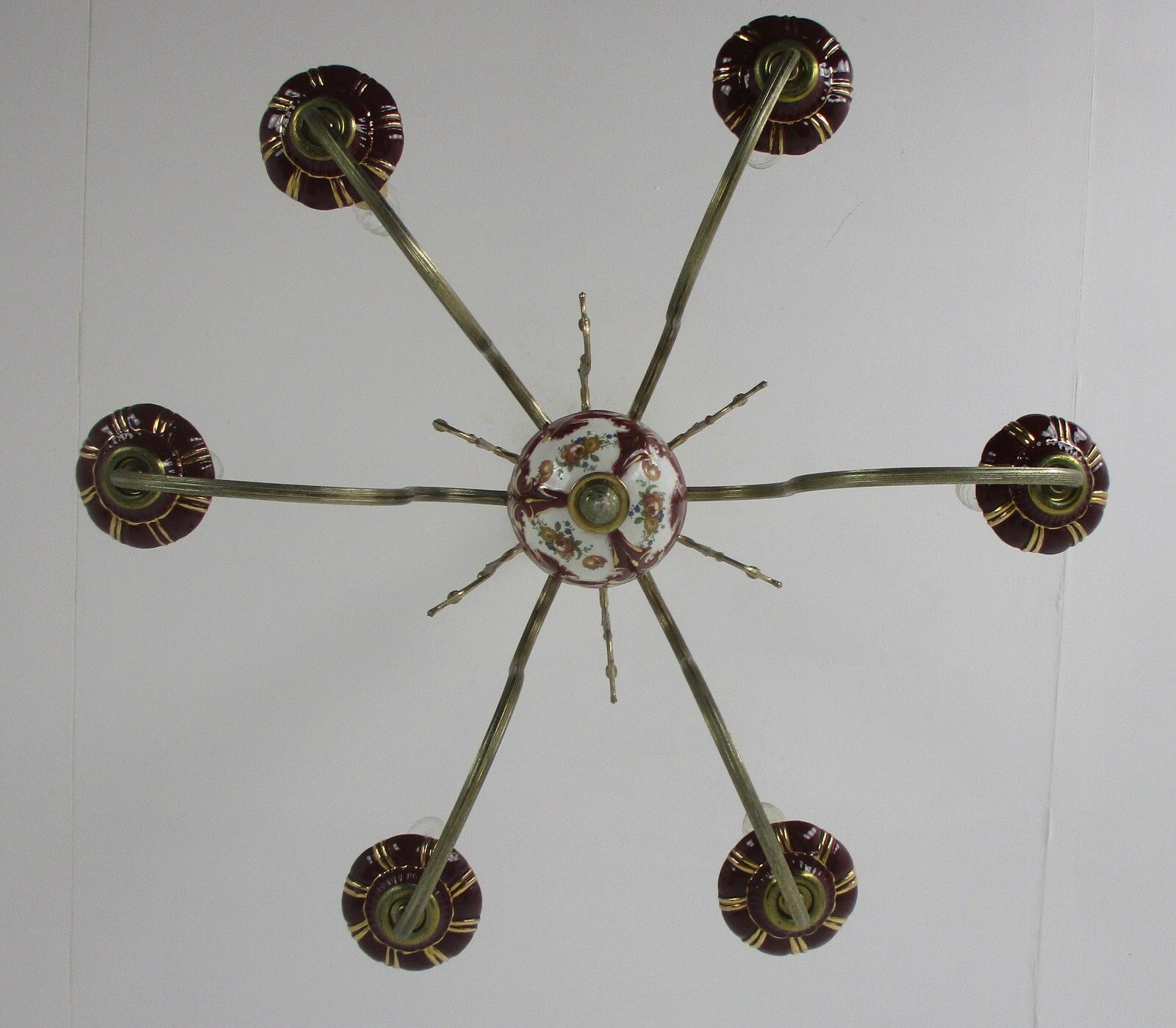 Chandelier 6 Arms Lights Ceramic Porcelain Ceramic Brass Italian Style Flowers photo vintage