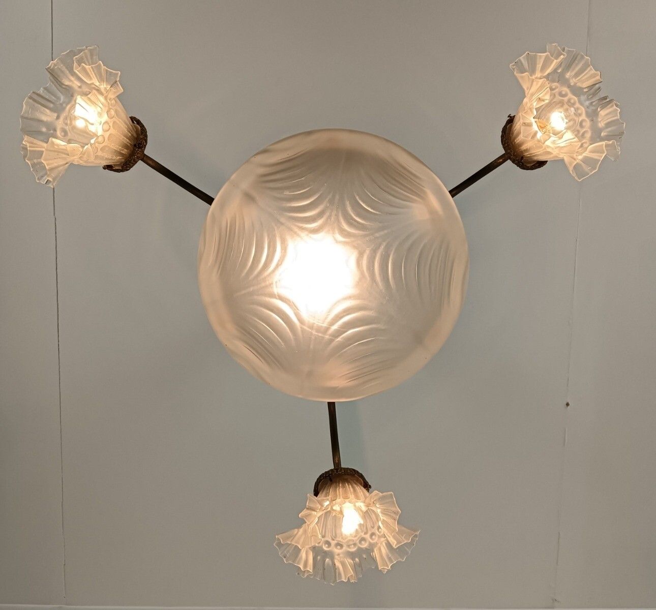 Art Deco Antique Chandelier 4 Lights 4 Arm Glass Flower Shades Brass Gorgeous photo for sale