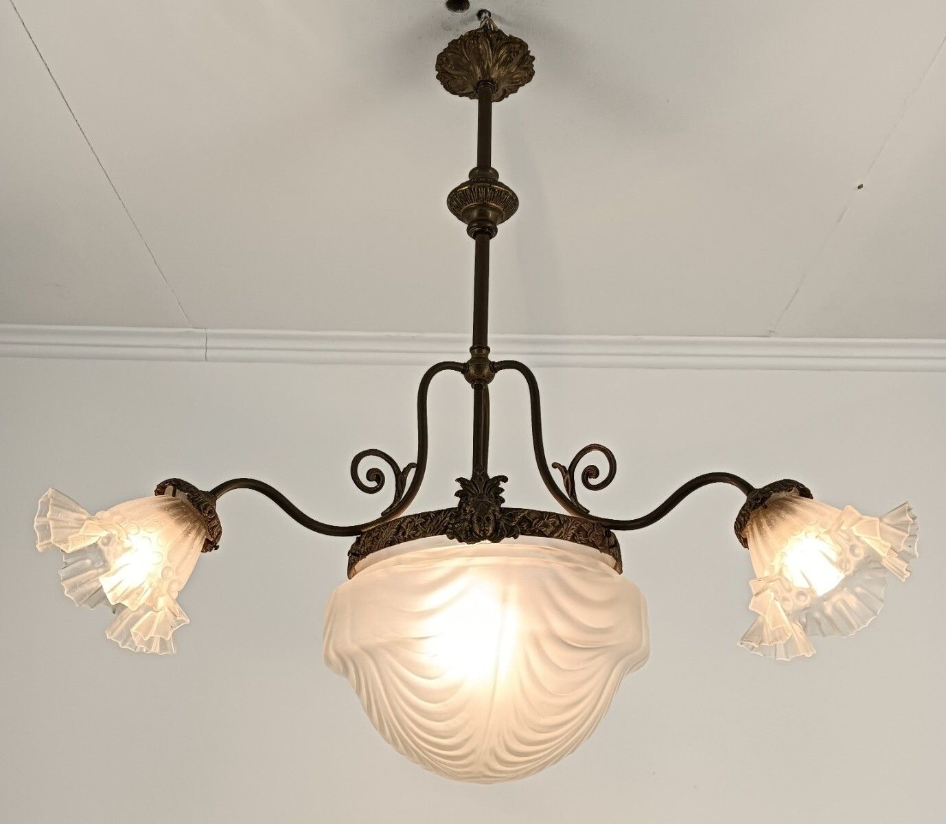 Art Deco Antique Chandelier 4 Lights 4 Arm Glass Flower Shades Brass Gorgeous photo 487.0
