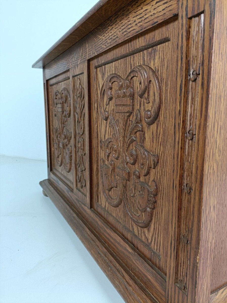 Antique Wedding Chest Flemish French Ornate Hand Carved Wood Fish Fruit Carvings photo vintage
