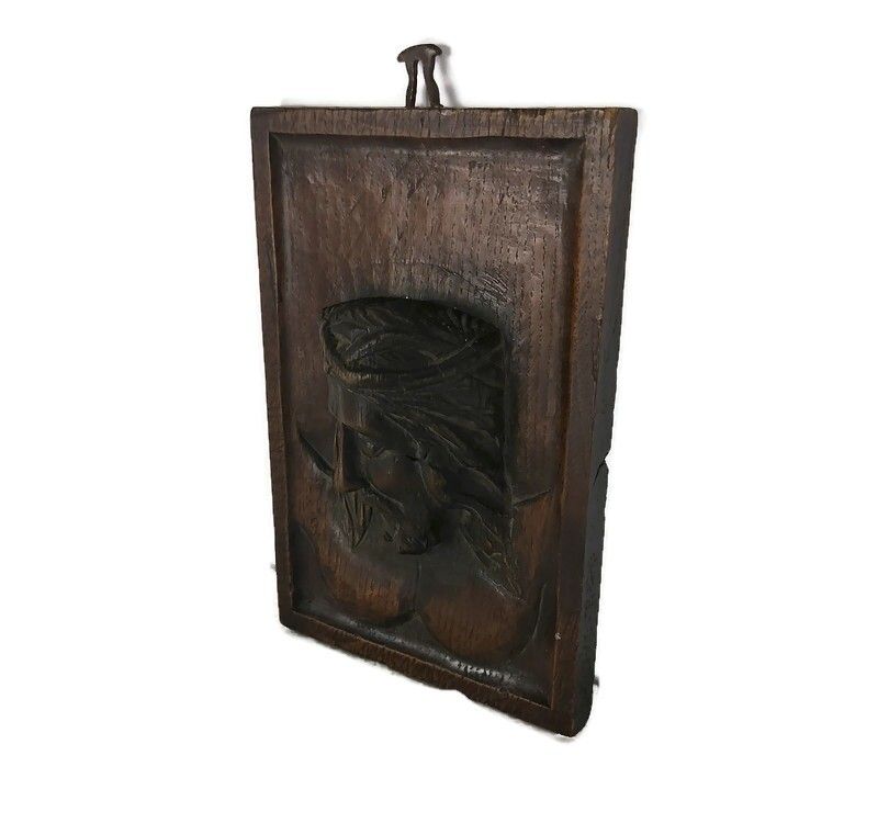 Small Hand Carved Wood Wooden Wall Panel Hanging Jesus Christ Face Lovely Vintag