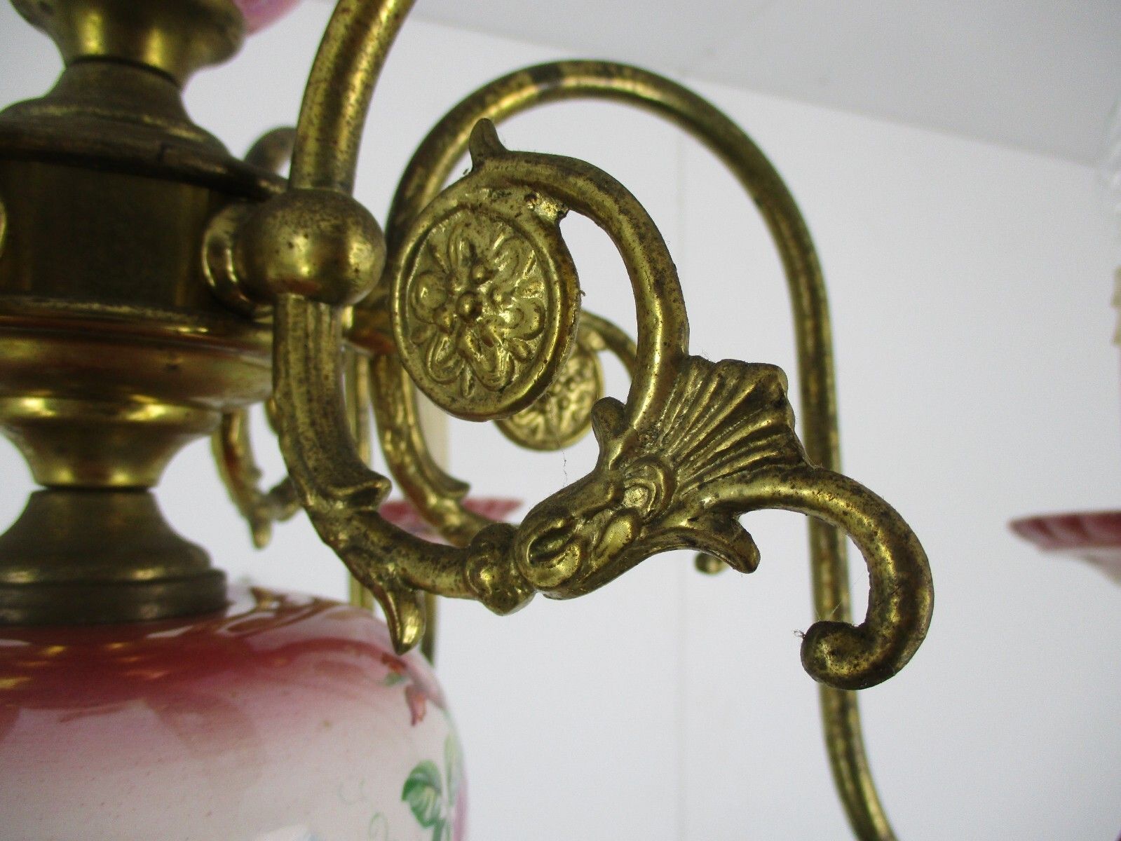 Lighting Chandelier 6 Arm Lights Italian  Porcelain Flowers Ornate Brass Mid Century photo