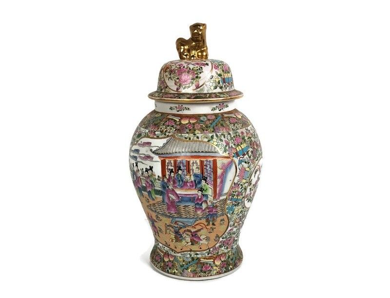 Huge Chinese Vintage Hand Painted Vase Urn Foo Dog Family Rose Lidded