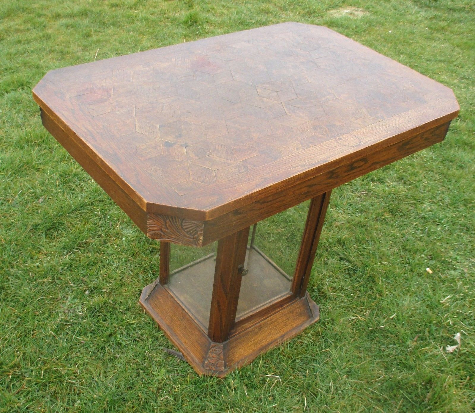 Antique Table Display Cabinet In One Inlay Carved Oak Beveled Glass Htf Wow