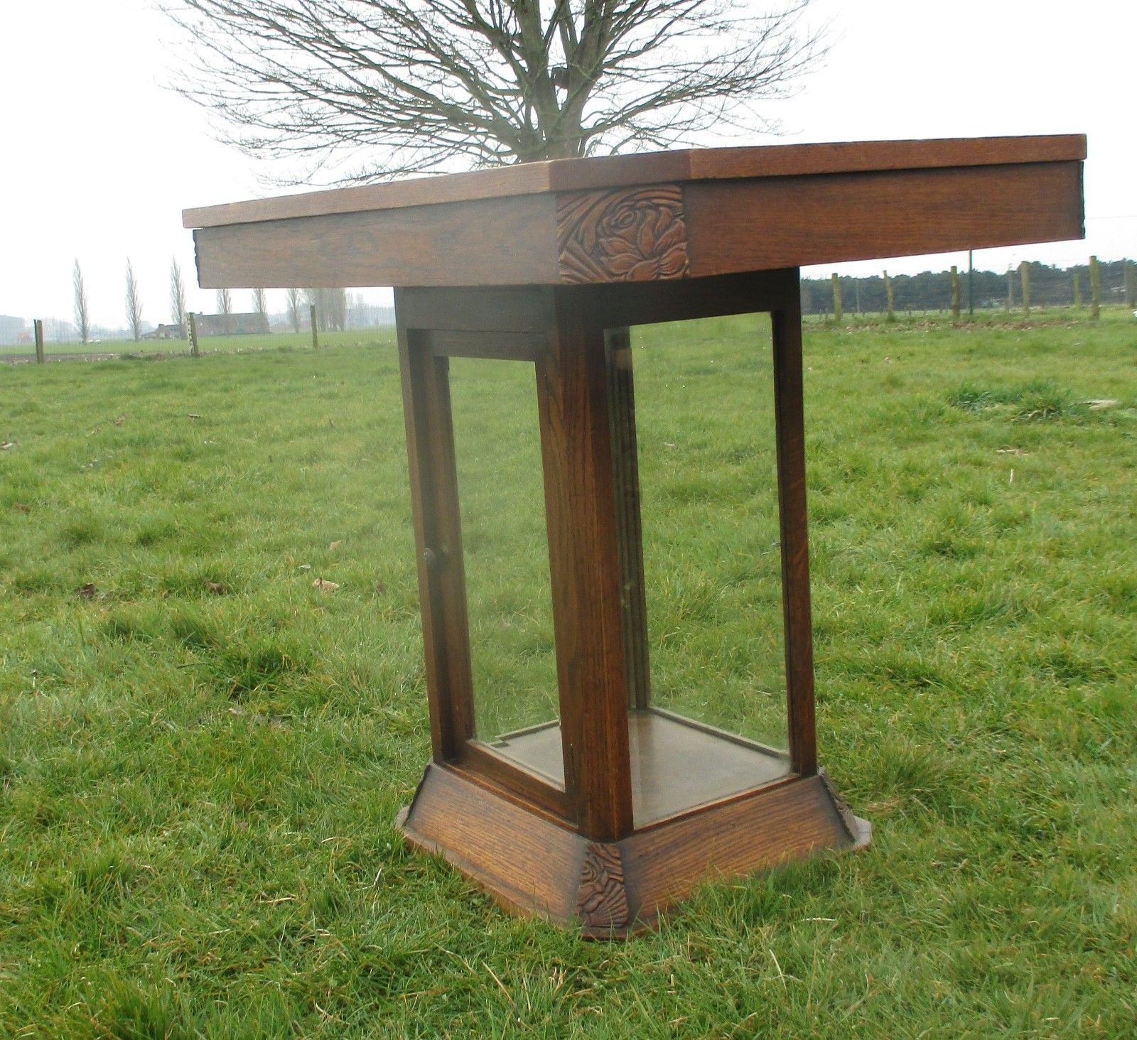 Antique Table Display Cabinet In One Inlay Carved Oak Beveled Glass Htf Wow photo furniture