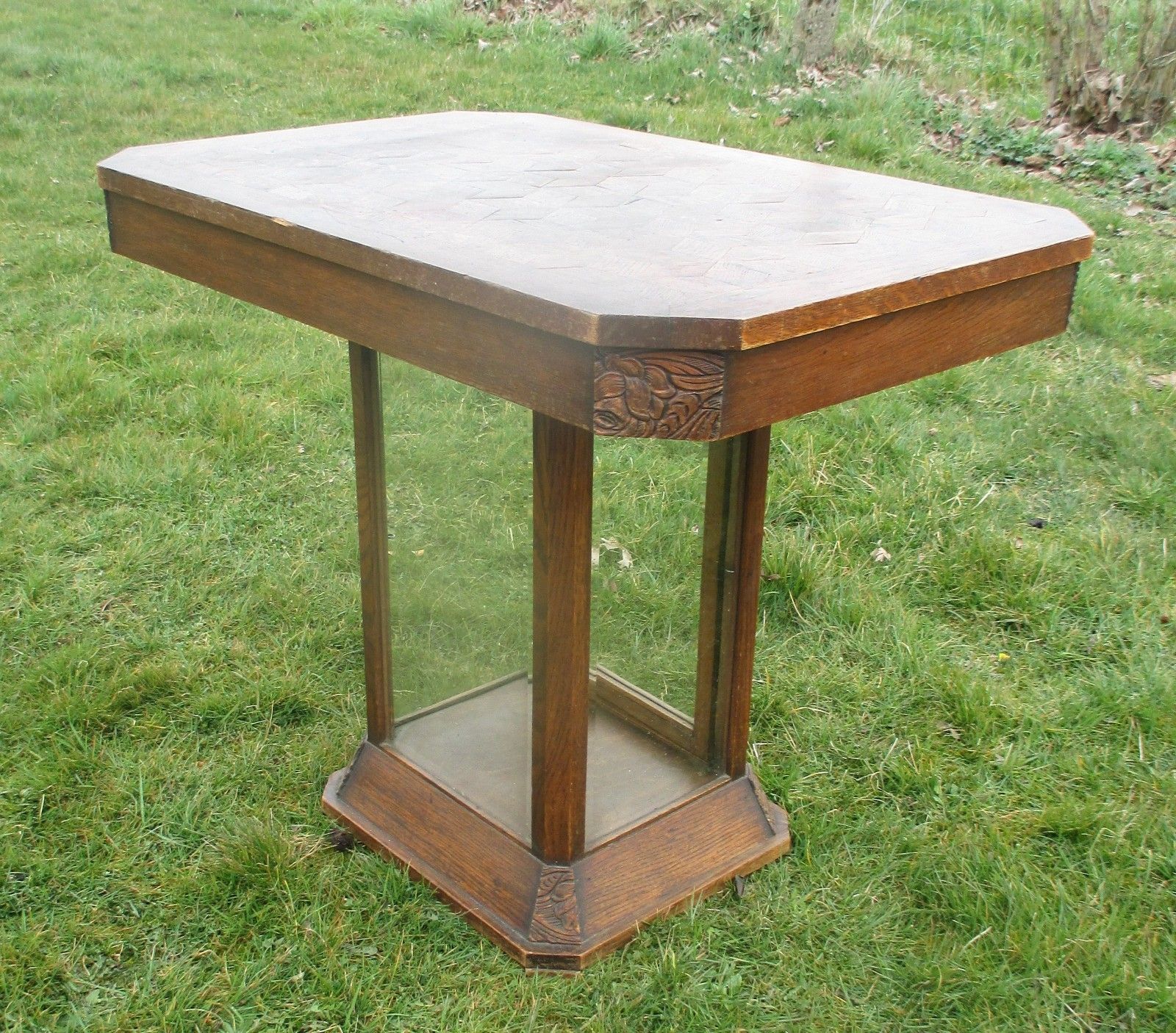 Antique Table Display Cabinet In One Inlay Carved Oak Beveled Glass Htf Wow photo 405.0