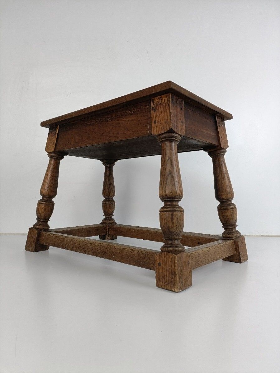 photo for sale Antique Barn Style Side Table  Oak Carved Tapped Wood Desk Quilting Sewing Table