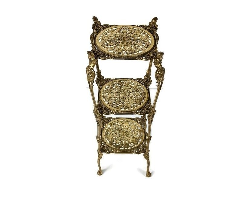 Ornate French Brass Pedestal Table Plant Stand 3 Tier Hollywood Regency  Style V