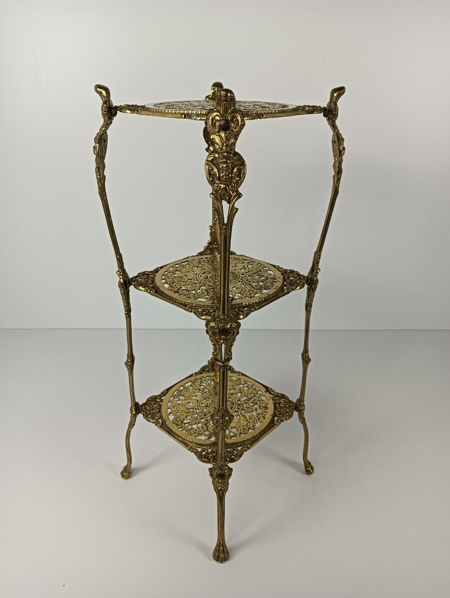 Ornate French Brass Pedestal Table Plant Stand 3 Tier Hollywood Regency  Style V photo 445.0