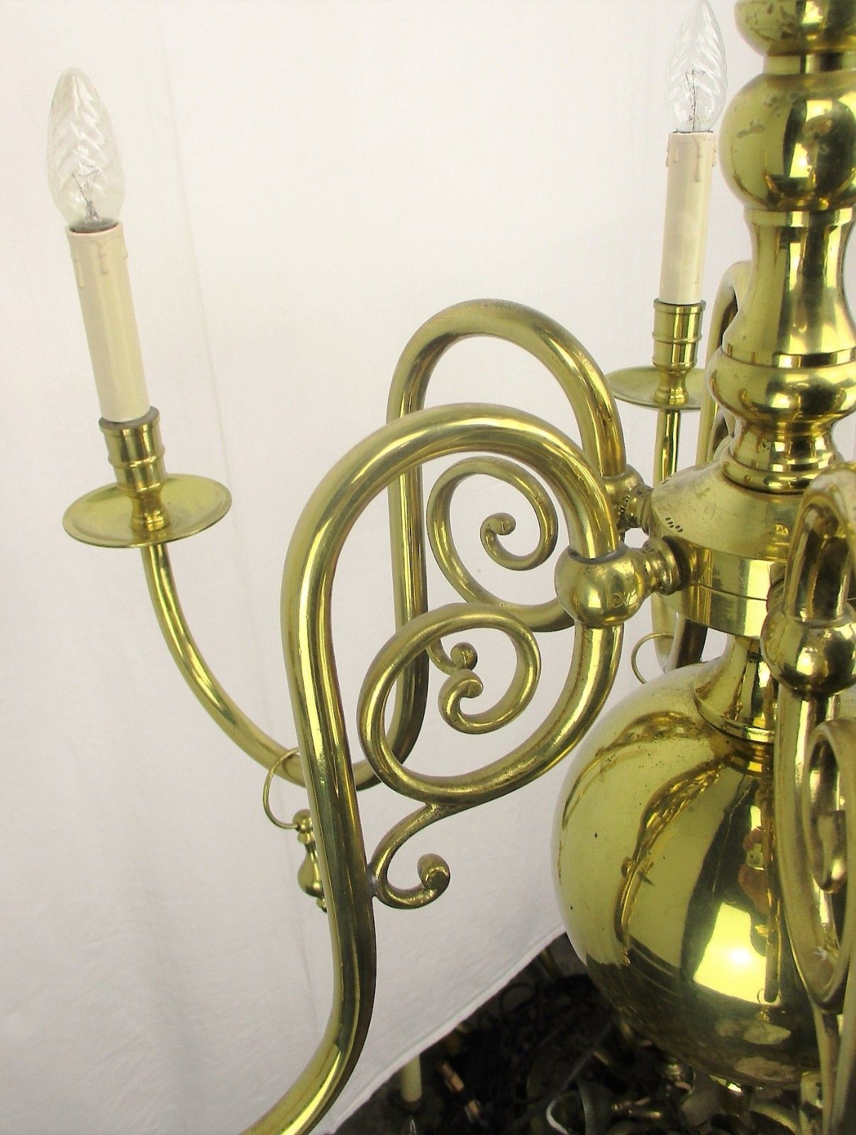 Lovely Brass Chandelier 6 Lights Arms  With Gold Toned Bells Hollywood Regency photo vintage