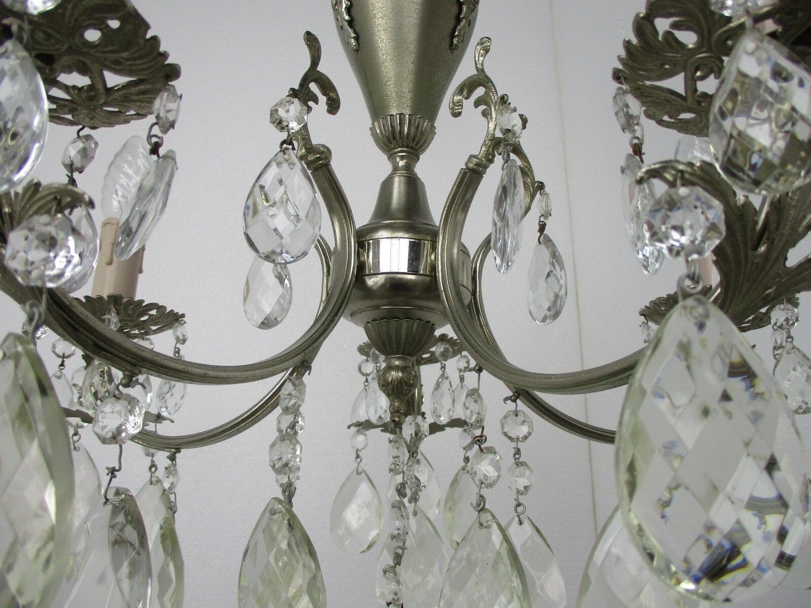 Vintage Chandelier 5 Lights Arms Art Glass Prisms Spelter Hollywood Regency photo vinterior