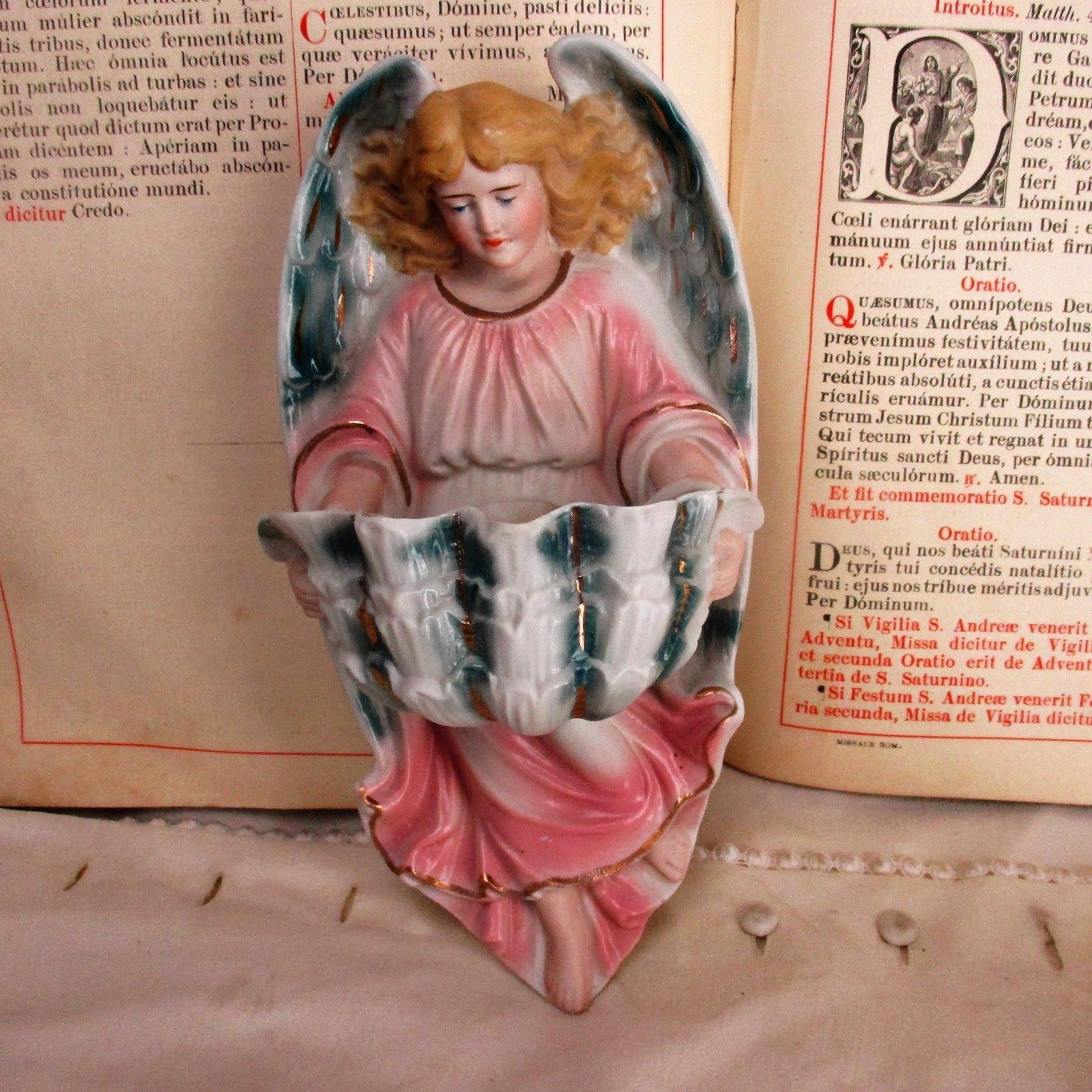L French Holy Water Font Angel Hand Painted Bisque Gorgeous Collector Htf 8.66" photo buy