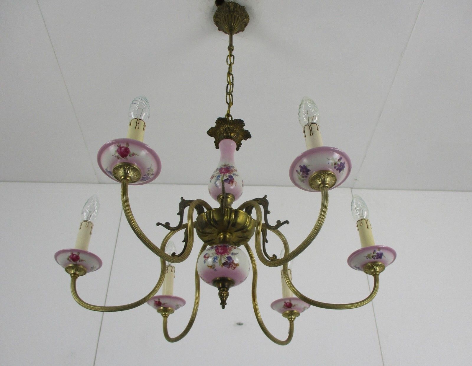 Chandelier 6 Arm Lights Italian  Porcelain Pink Flowers Ornate Brass Mid Century photo 409.0
