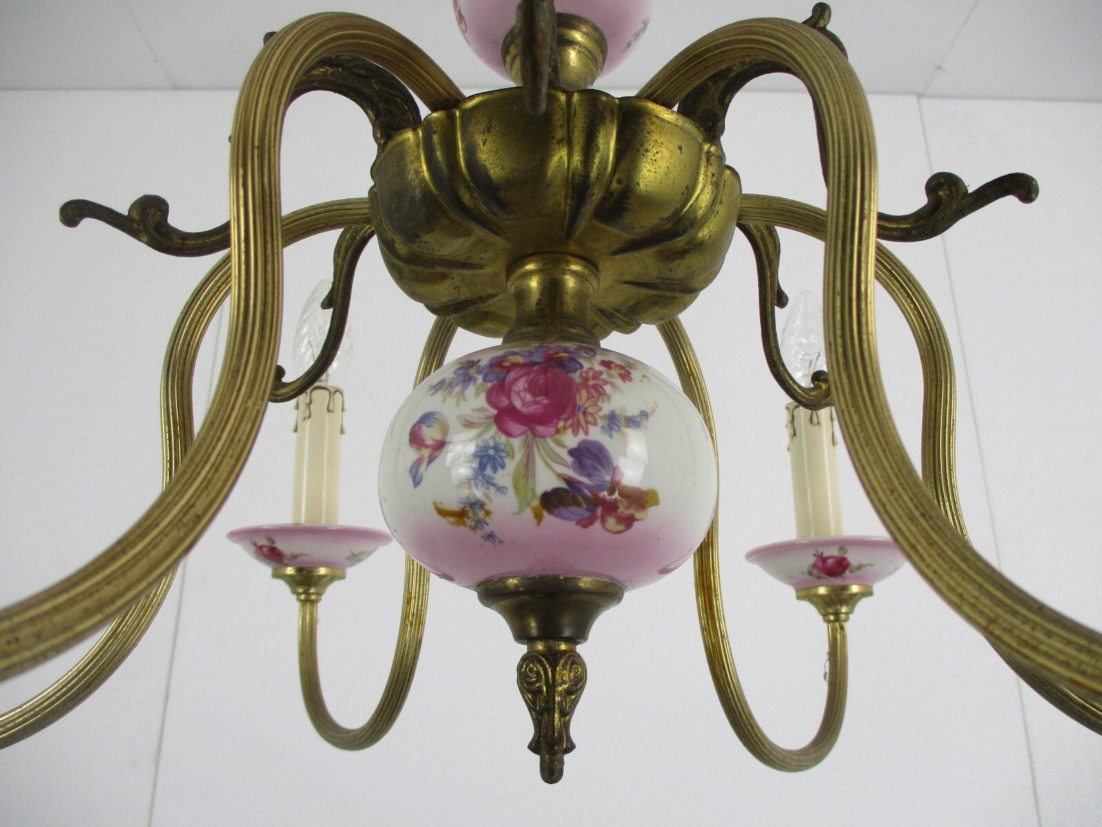 Chandelier 6 Arm Lights Italian  Porcelain Pink Flowers Ornate Brass Mid Century photo vinterior