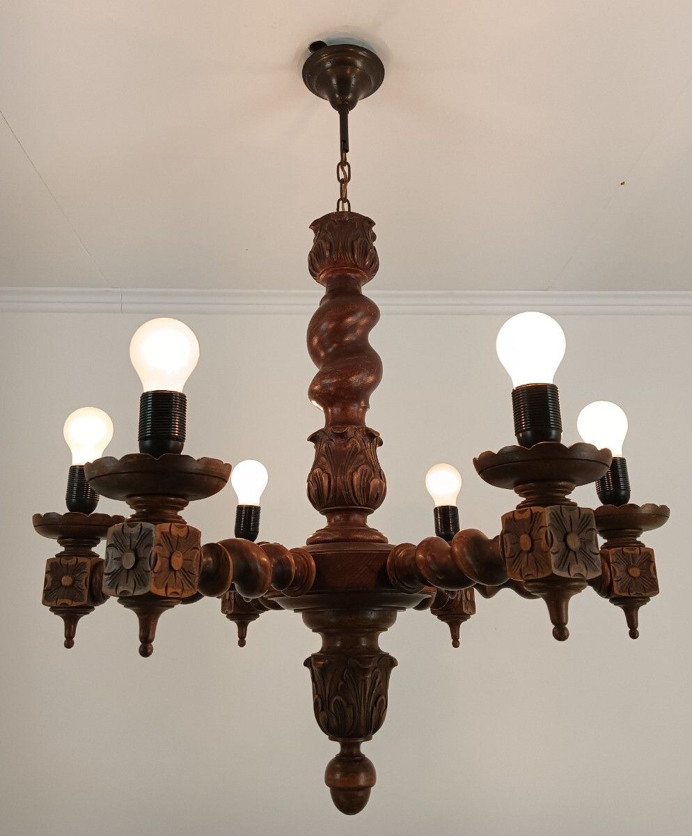 Barley Twist Twisted Wood Chandelier 6 Lights Arm Vintage Beautiful Farmhouse Ba photo vinterior