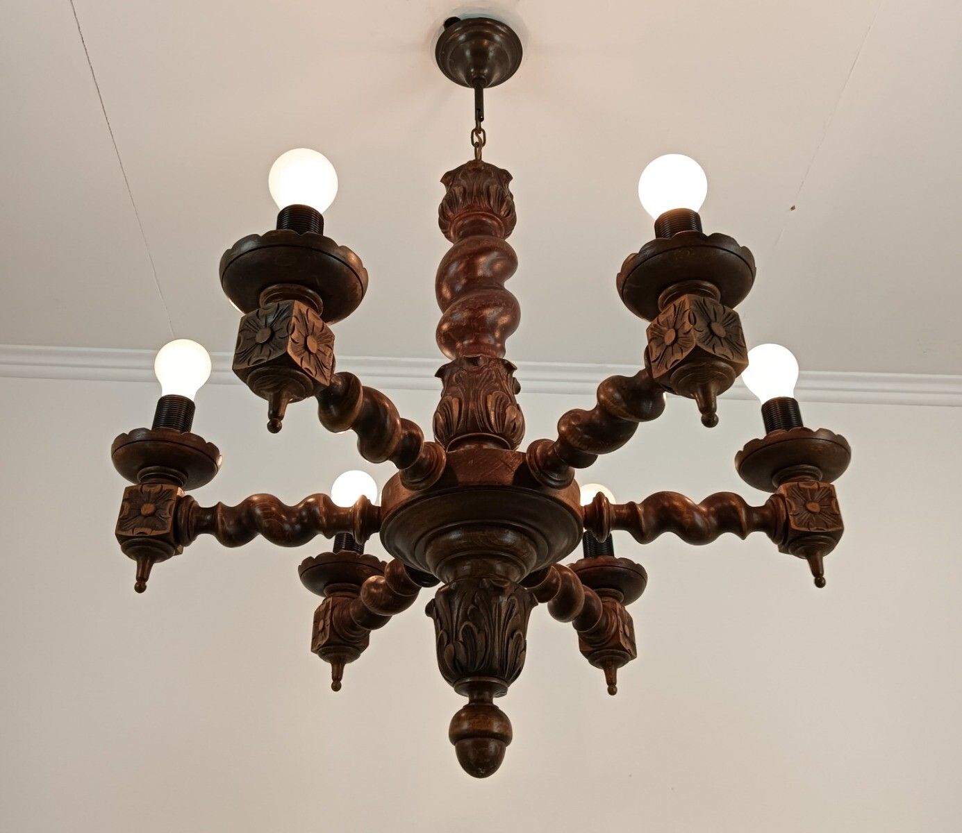 Barley Twist Twisted Wood Chandelier 6 Lights Arm Vintage Beautiful Farmhouse Ba photo vintage
