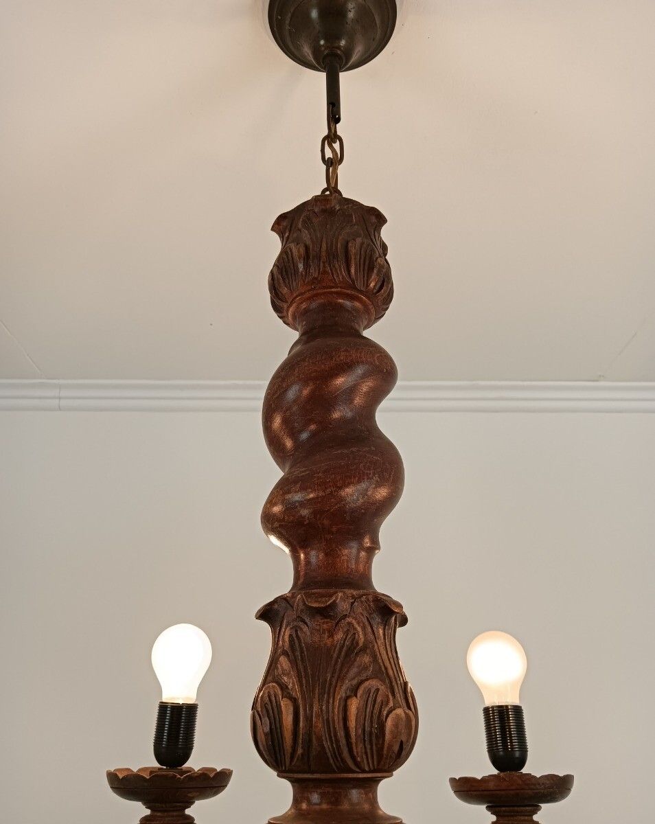 photo for sale Barley Twist Twisted Wood Chandelier 6 Lights Arm Vintage Beautiful Farmhouse Ba
