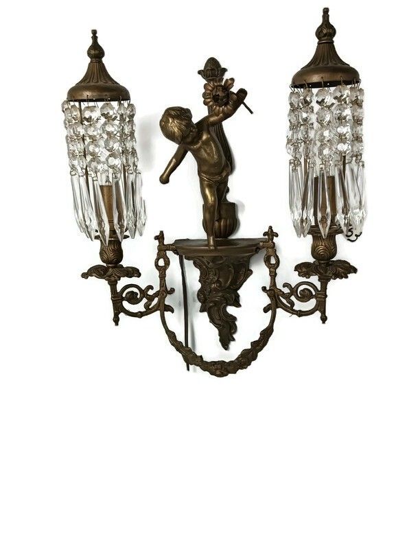 Beautiful Antique Wall Sconces Pair Lights Lamps French Cherub Angels Prisms Bra photo furniture