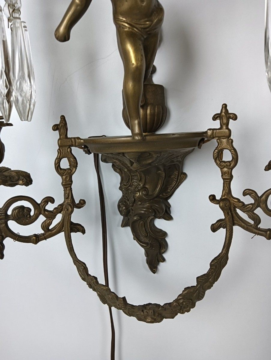 Beautiful Antique Wall Sconces Pair Lights Lamps French Cherub Angels Prisms Bra photo vinterior