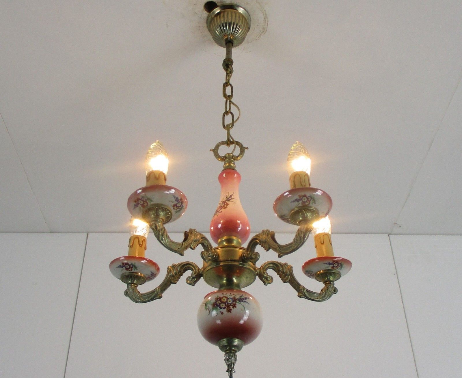 Chandelier 5 Arms Lights Ceramic Porcelain  Pink Flowers  Mid Century Italy photo furniture
