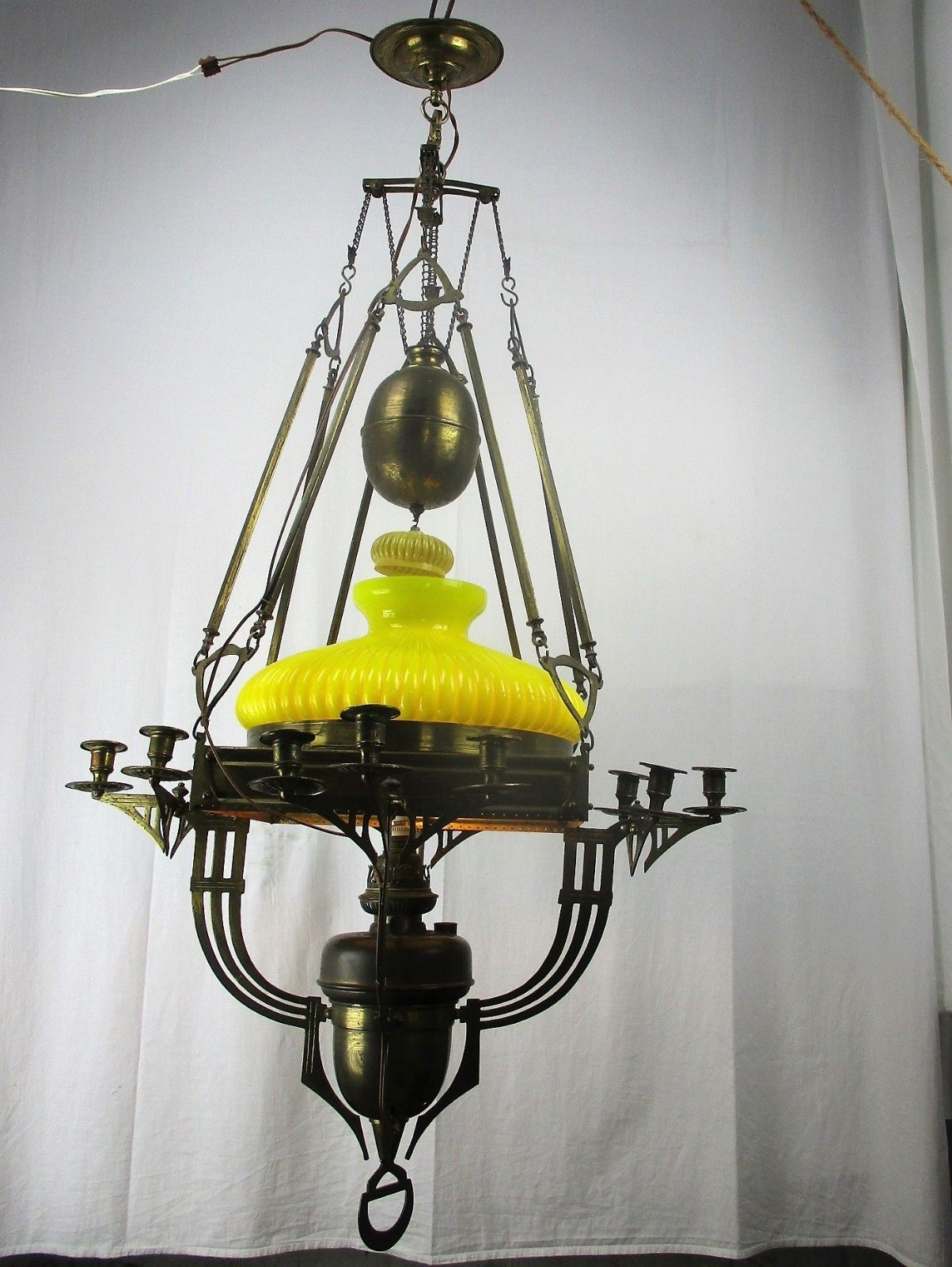 Lighting Impressive Chandelier Arts & Crafts Bauhaus Art Deco Brass Yellow Opaline Shade photo