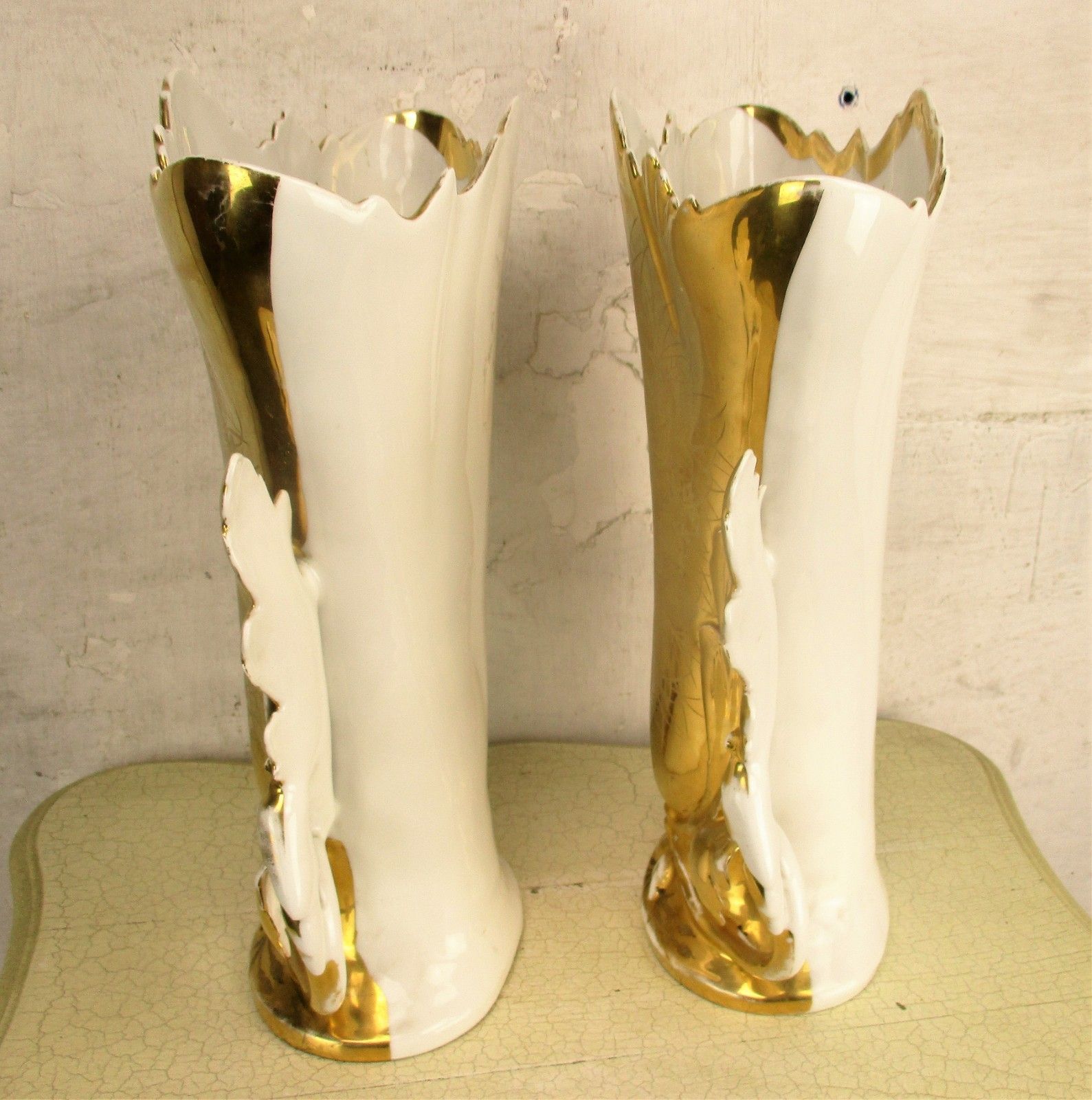Xl Couple Antique Vieux Paris Porcelain Fan Flair Vases Church Chapel Gold Gilt photo vintage