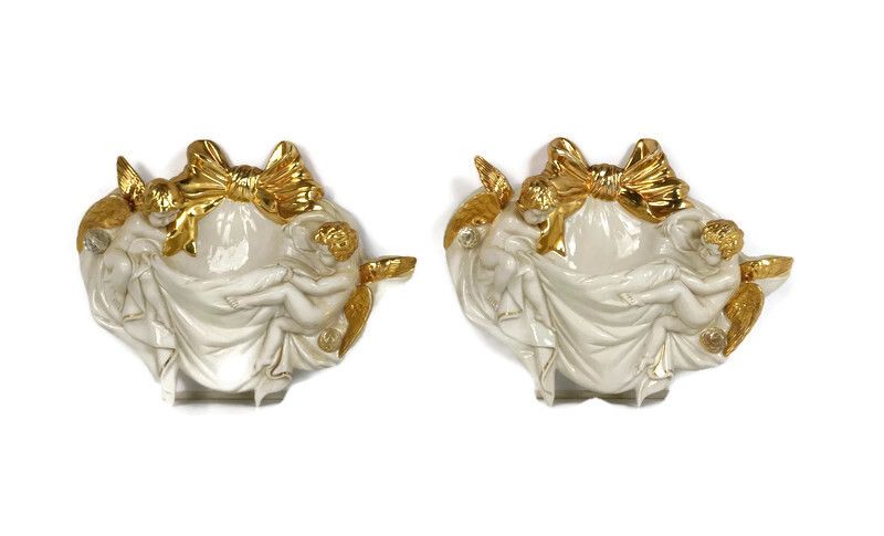 Pair Capodimonte Bedin Wall Hangings Planters Fonts Porcelain Italy Angels Gold